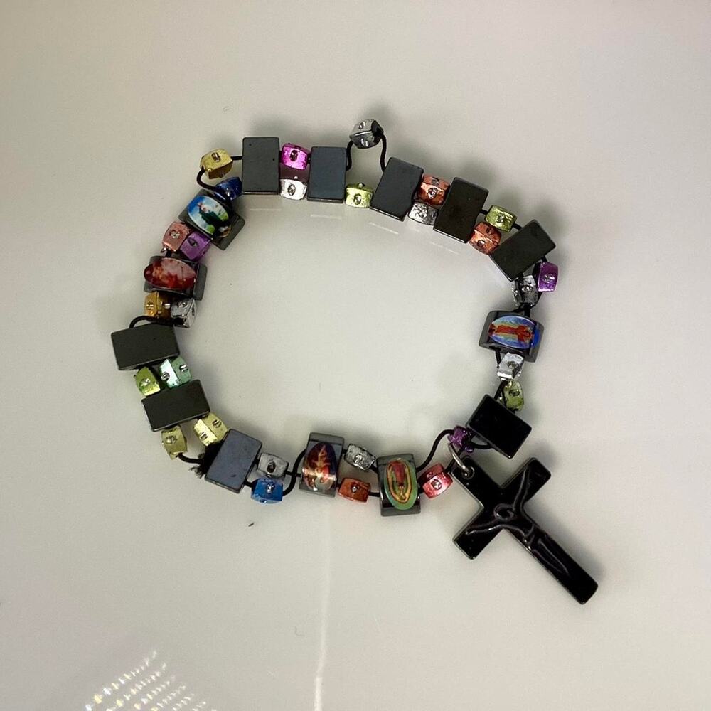 Hematite Cross Religious Stretch Bracelet